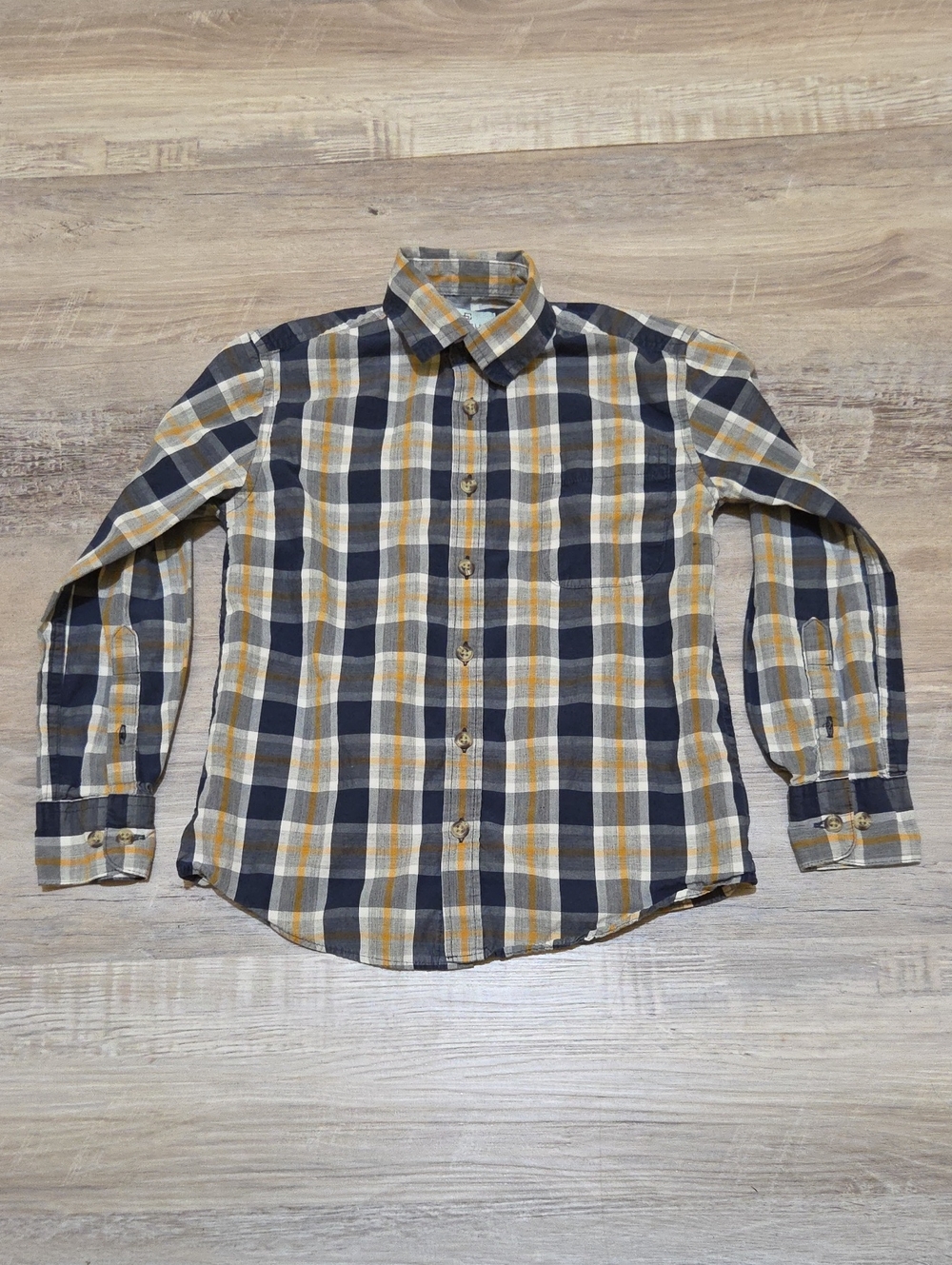 Class Club Boys Navy and Mustard Plaid Fall Button-Down Shirt Size Small